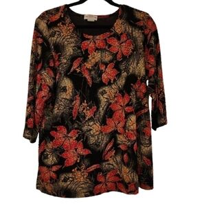 Notations Dark Floral Metallic Slinky Top Size 1X Texture Black/Red Half Sleeve
